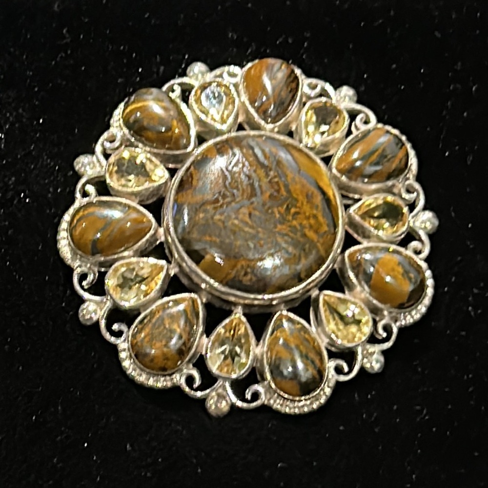#18 Vintage Himalayan Gems Jasper & Citrine Brooch in 925 Silver